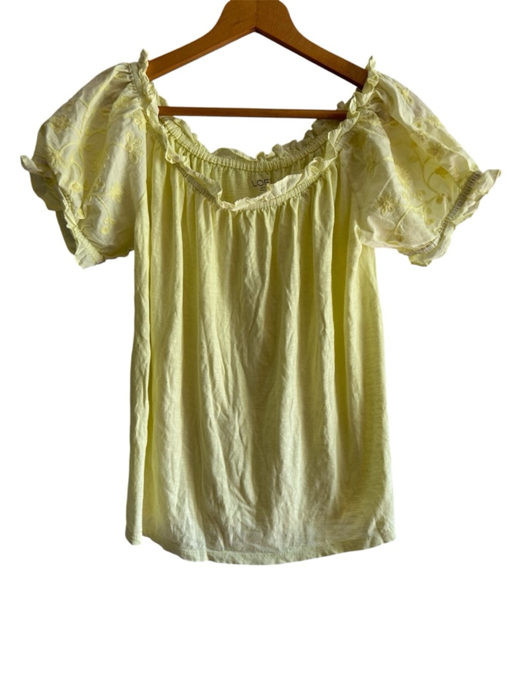 LOFT Cottagecore Pale Yellow Embroidered Puff-Sleeve Peasant Blouse
